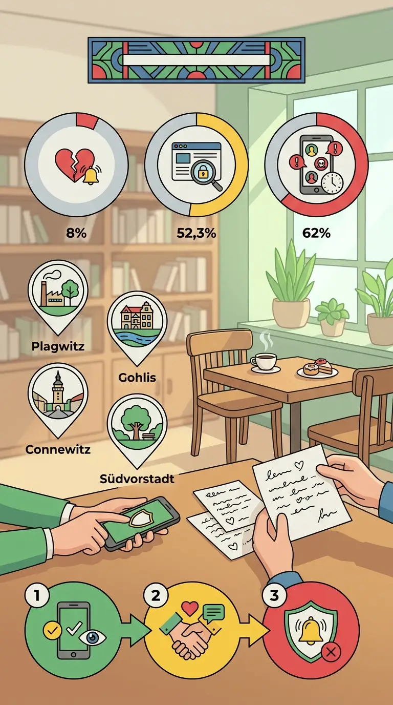 Infografik zu Warnsignalen beim ersten Date und sicherem Online-Dating in Leipzig