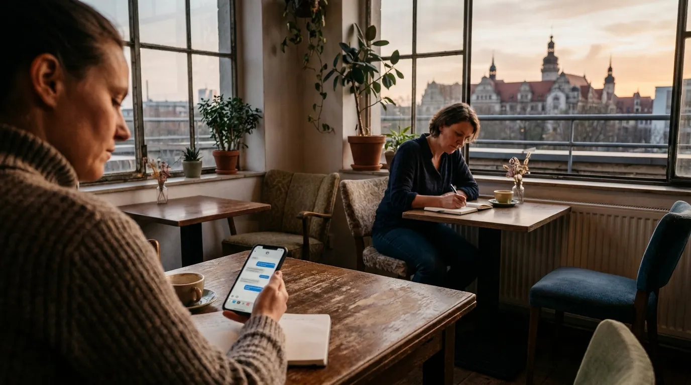 Zwei Erwachsene beim entspannten Schreiben auf dem Smartphone in einem Leipziger Café