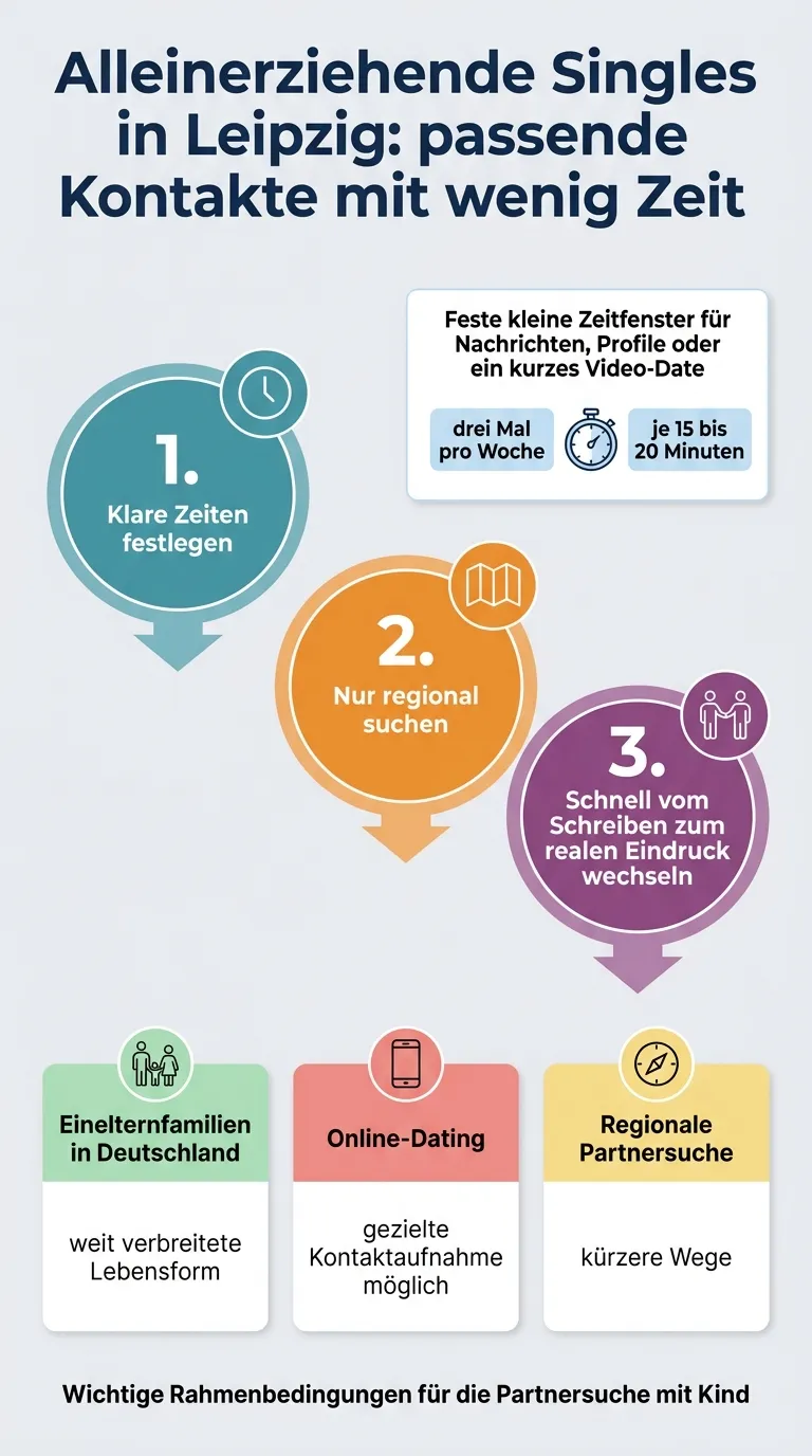 Infografik zu Zeitfenstern, Kontaktwegen und Date-Optionen für alleinerziehende Singles in Leipzig