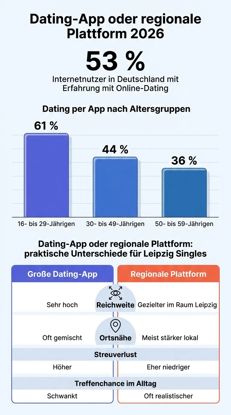 Vergleich von Dating-App und regionaler Plattform mit Fokus auf Reichweite, Sicherheit, Filter und Ortsnähe