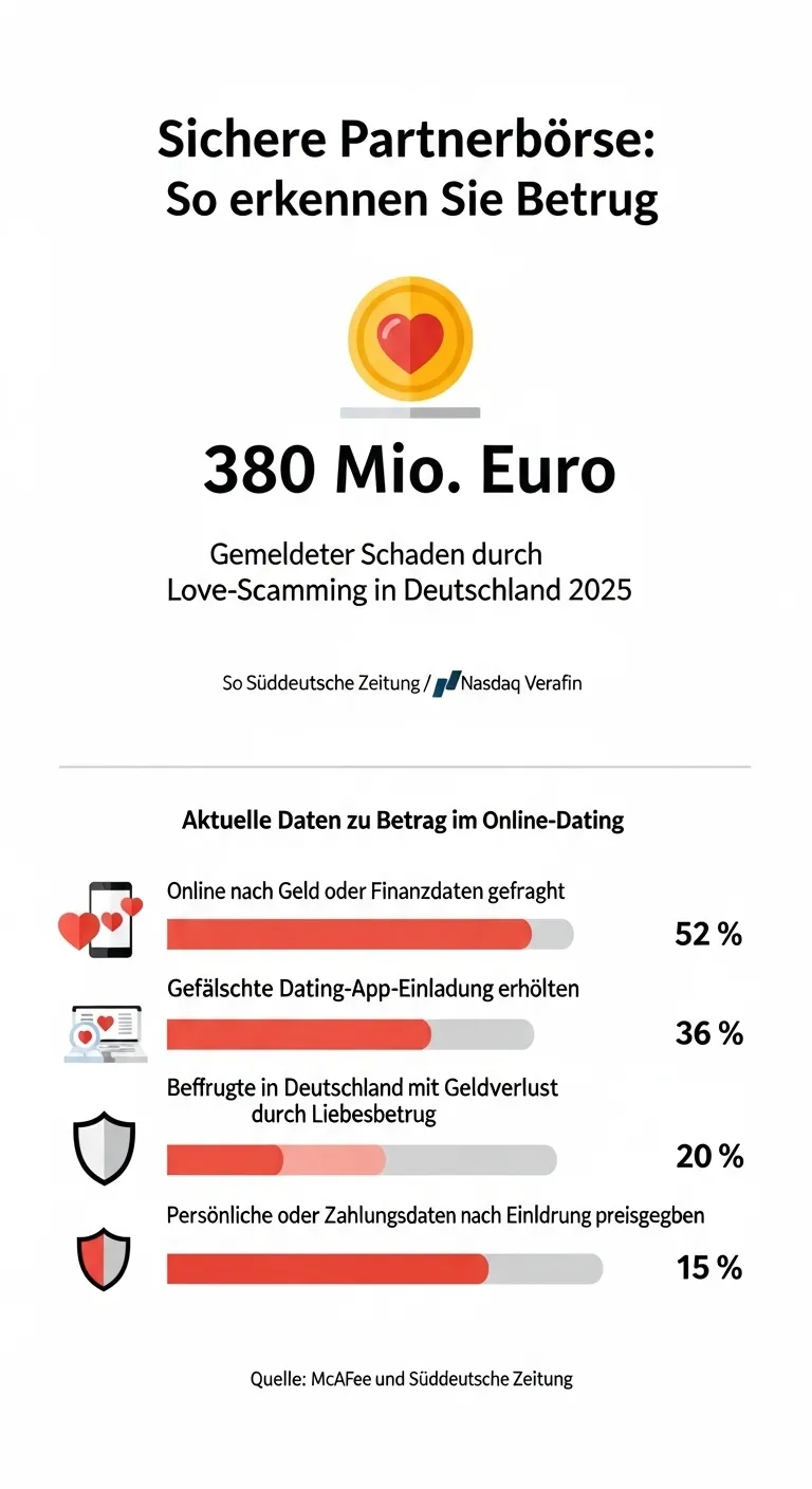 Infografik zu Betrugszahlen und Warnsignalen beim Online-Dating