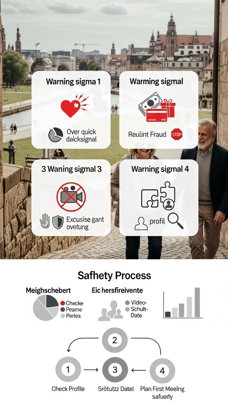 Infografik zu Warnsignalen und Schutzmaßnahmen beim Online-Dating