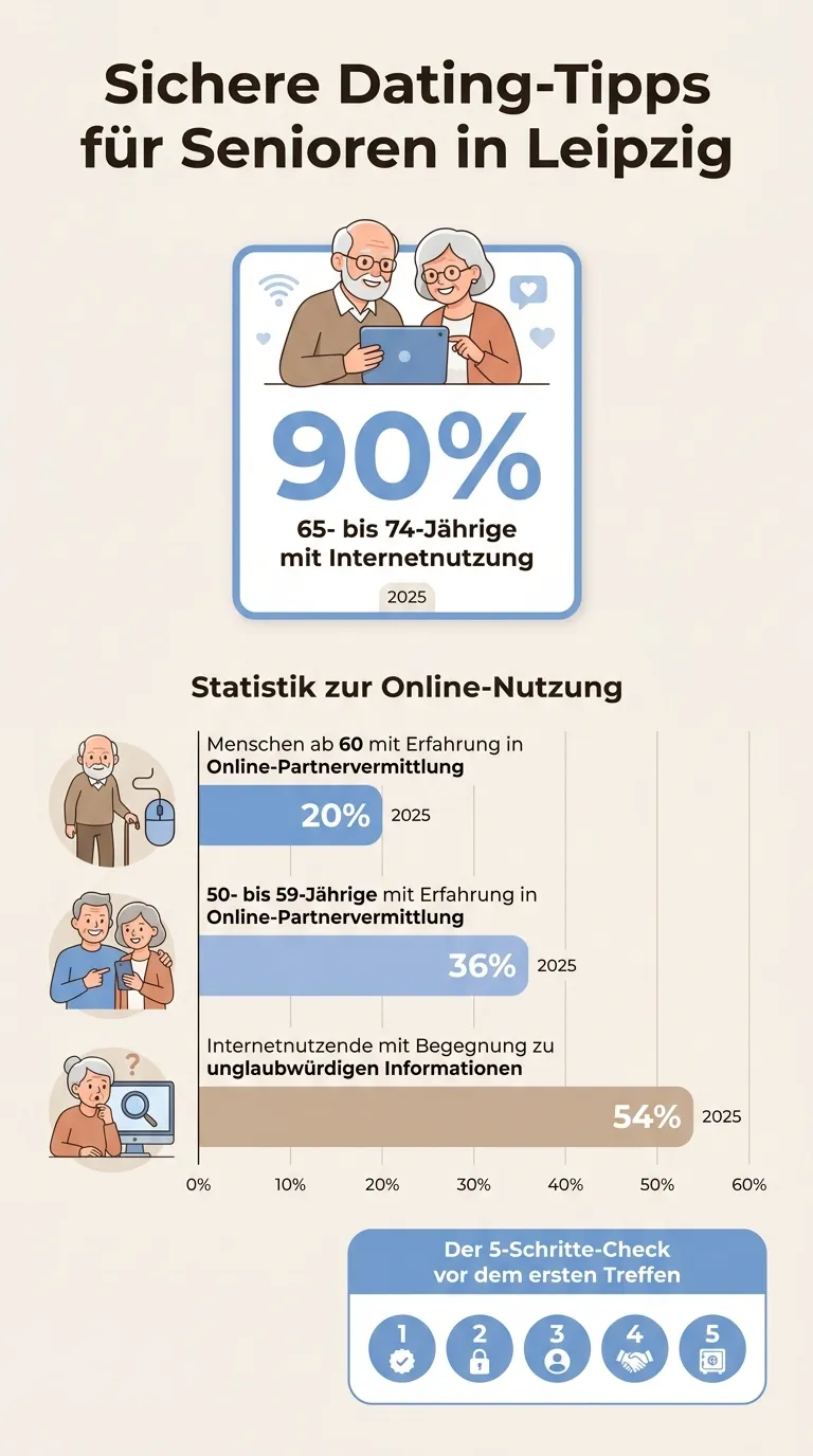 Infografik zu sicheren Schritten beim Senioren-Dating in Leipzig